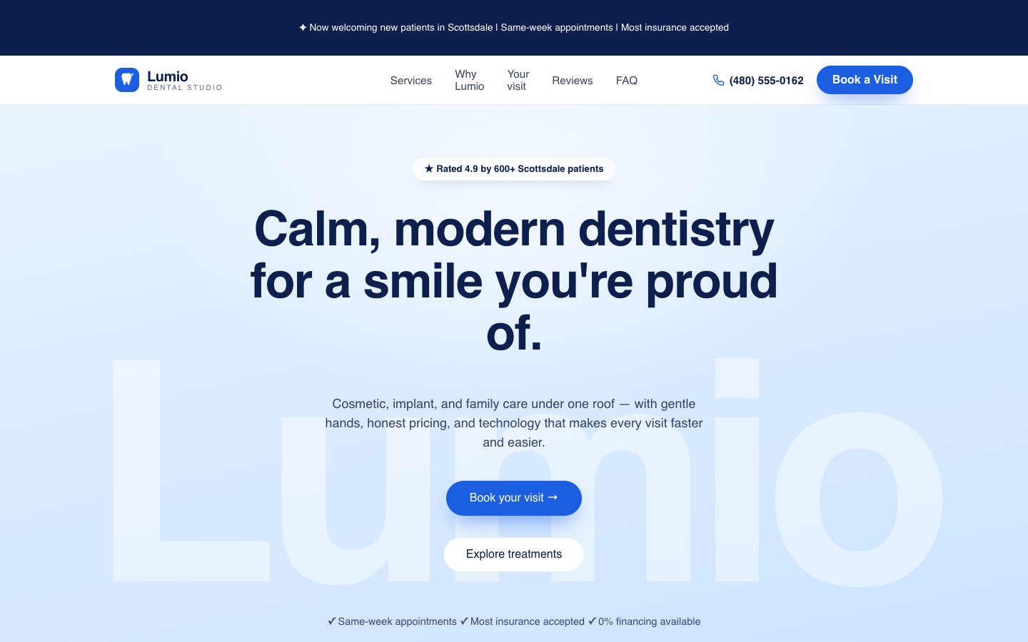 dental funnel design example — top of the Lumio Dental Studio GoHighLevel funnel
