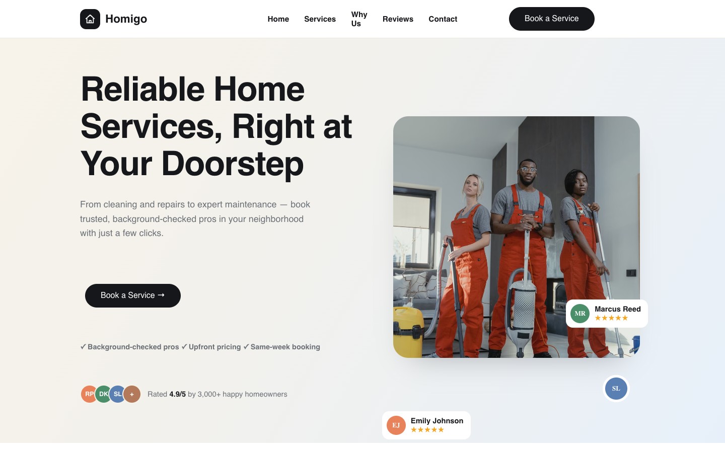 home services funnel design example — top of the Homigo Home Services GoHighLevel funnel