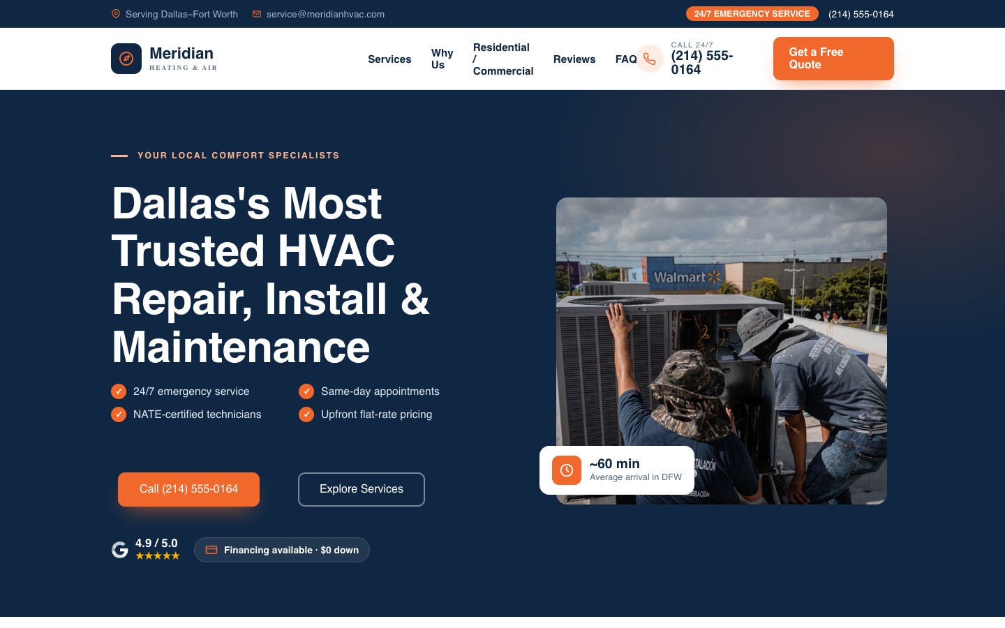 HVAC landing page example — top of the Meridian Heating & Air GoHighLevel funnel