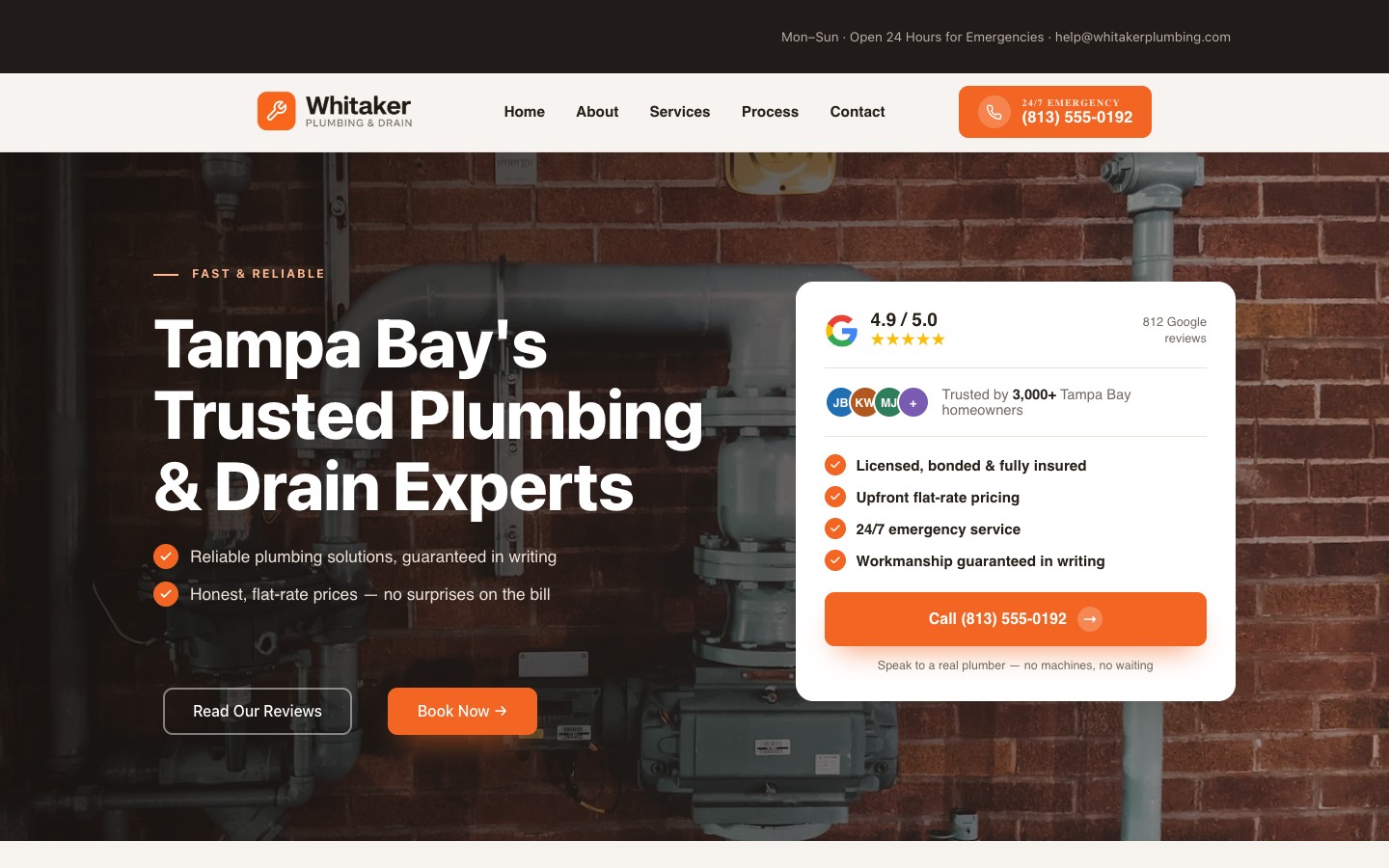 plumbing funnel design example — top of the Whitaker Plumbing & Drain GoHighLevel funnel
