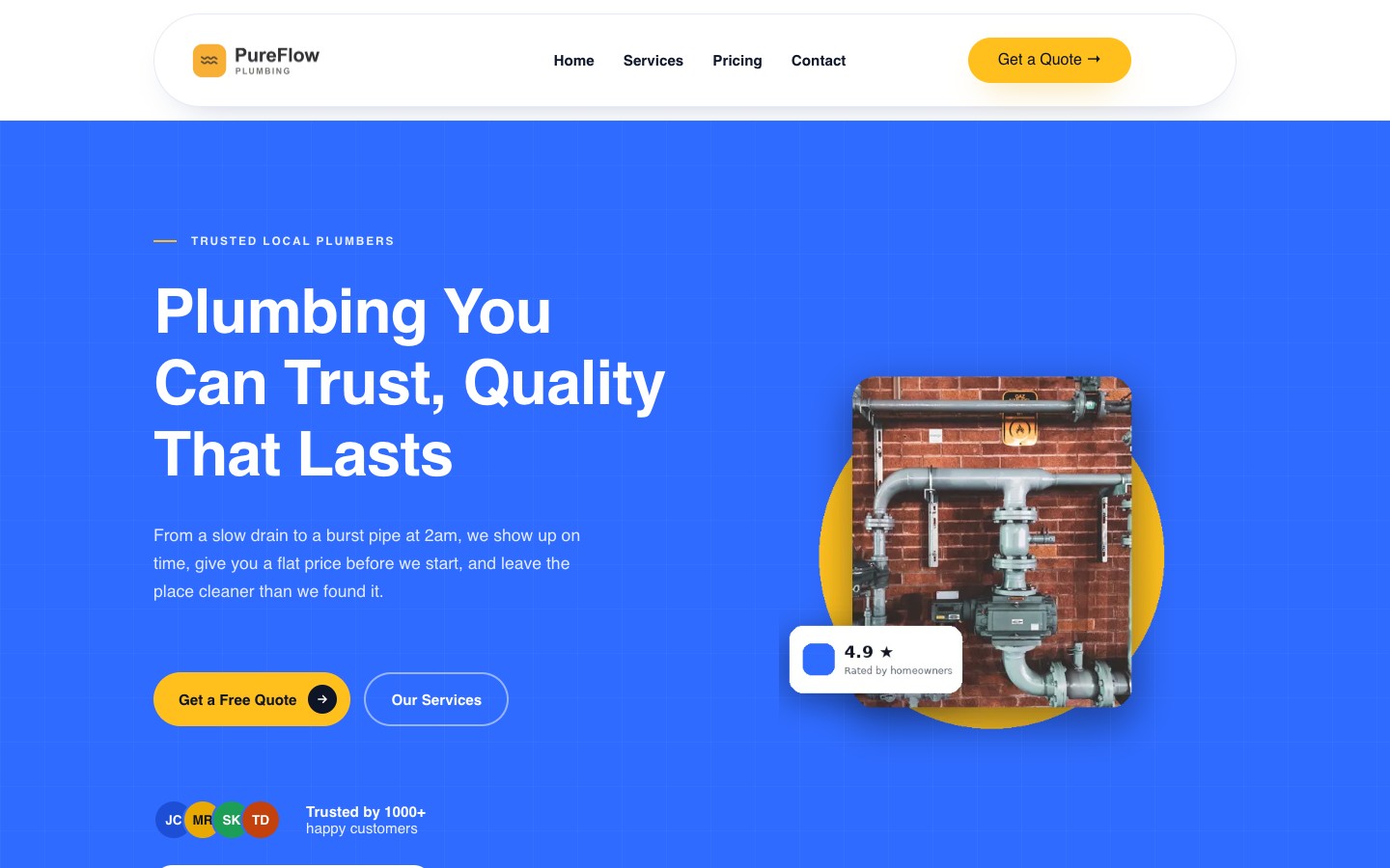 plumbing landing page example — top of the TrueFlow Plumbing GoHighLevel funnel